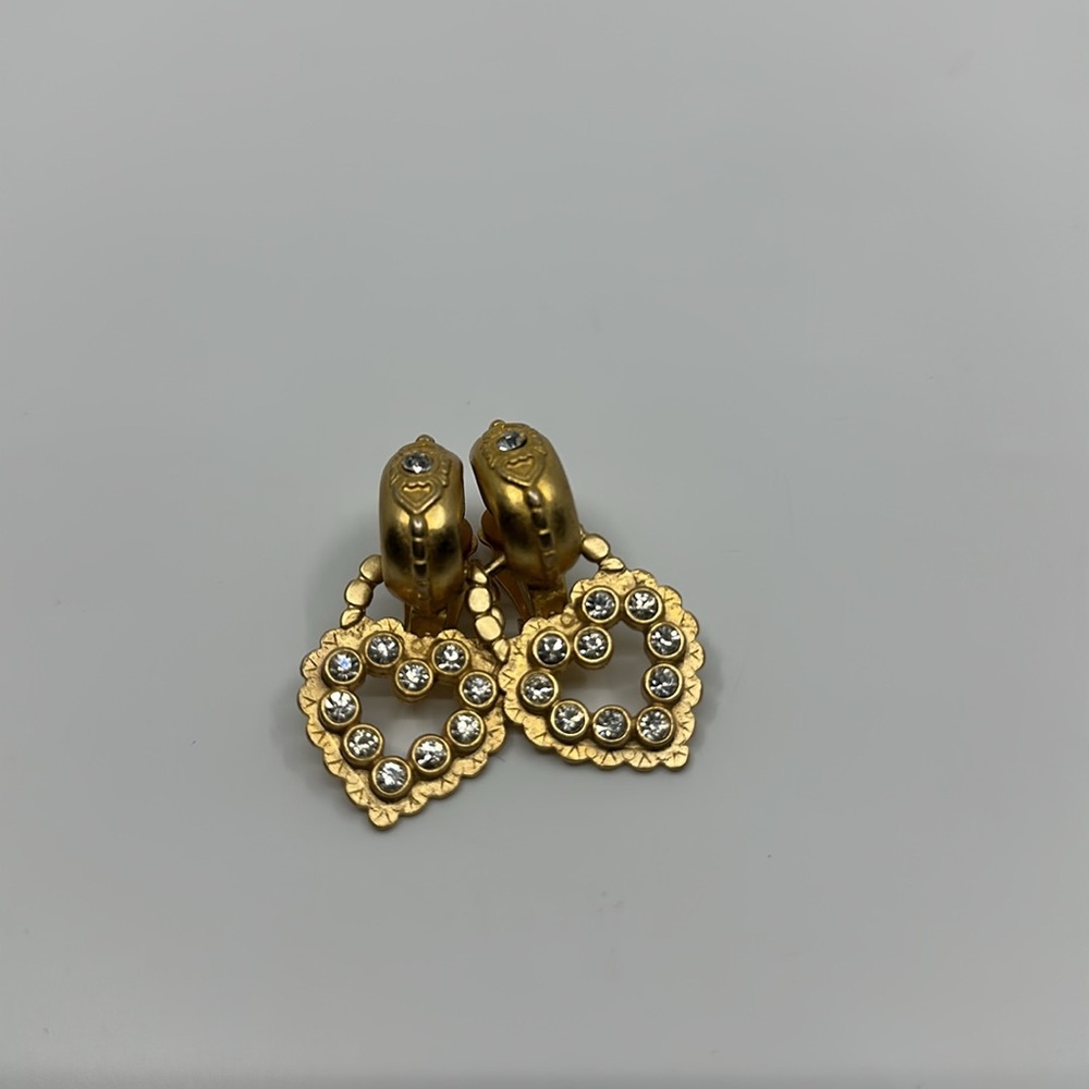Vtg Bijoux Design Gold Heart With Rhinestone Dangle Clip-on Earrings
